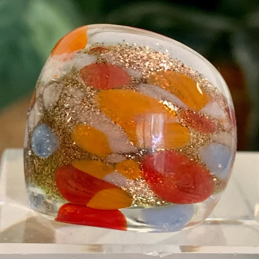 Vintage Murano Style Art Glass Hand Blown Lampwork Confetti Dome Ring Size 7